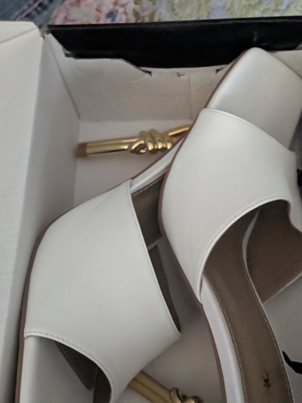 Fashion Nova White Slide Mules with Gold Knot Heel - Picture 5 of 8